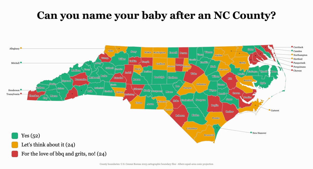 Map of all 100 North Carolina counties, each labeled and colored green for yes, gold for let’s think about it, or red for no, according to whether the county’s name would work as a baby name.